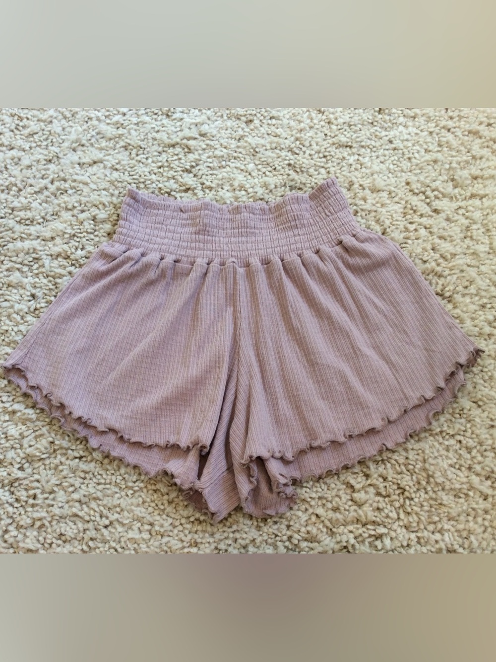 Project Social T Ribbed Smocked High-Waist Shorts in Dusty Mauve - XS